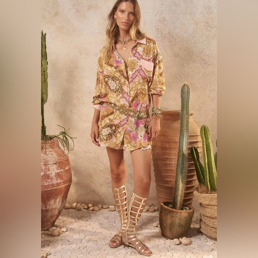 SPELL Lovers & Dreamers Shirt Champagne Peach Contrast Collar NWT XS $209